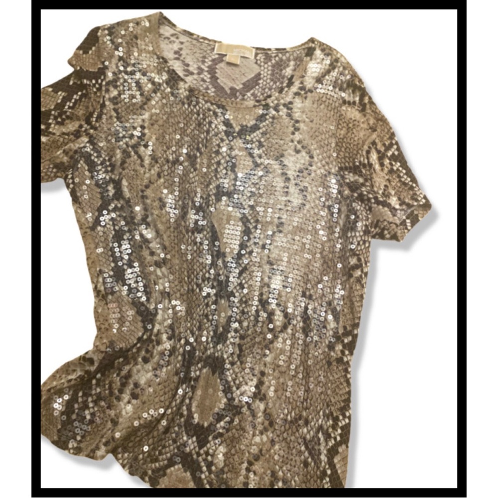 MICHAEL Michael Kors Gold Sequin Snake-Print Short Sleeve Top